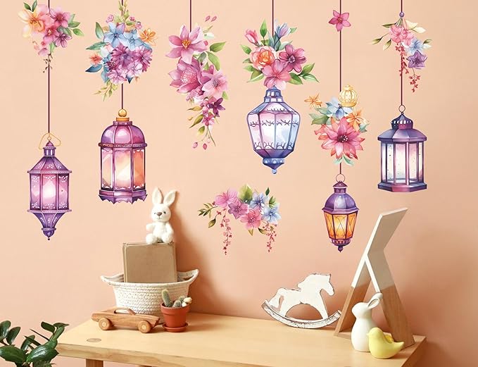 Hanging Flower Vine Wall Stickers Floral and Lamp Peel and Stick Wall Art Decals Flower Vine Wall Decor for Living Room Bedroom TV Background Spring Party Decoration