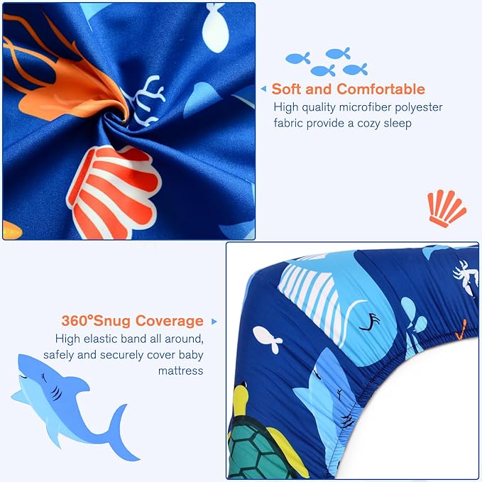 JISEN Baby Crib Sheets Soft Breathable Fitted Crib Sheets Baby Sheet for Standard Crib and Toddler Mattress Baby Bed Sheets for Crib for Baby Boys Girls Neutral 52x28 Inch Whales