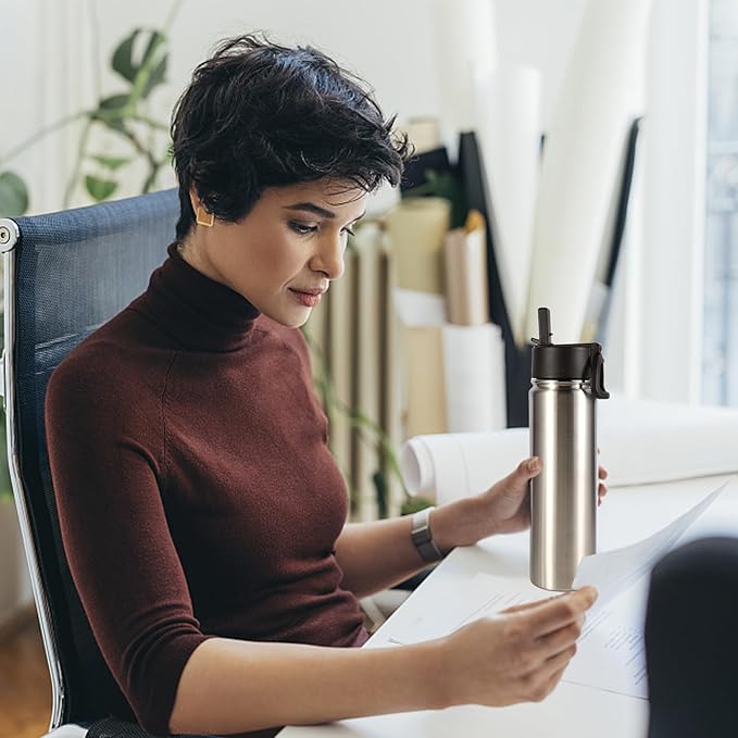 Volhoply 24oz Insulated Water Bottle With Straw Bulk 3 Pack,Metal Wide Mouth Water Bottles With Handle Lid Keep Cold,Reusable Double Wall Thermos,Powder Coated Sport Bottle For Holder(Silver,3 Count)