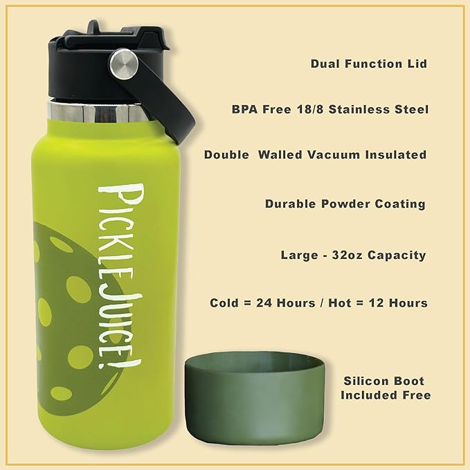 Maui Pickleball Co.™ Pickleball Water Bottle 32oz Pickleball Gifts Insulated Stainless Steel Water Bottle Funny Water Bottle PickleBall Accessories Sip/Straw Lid Pickleball Bottle Viral TikTok Bottle