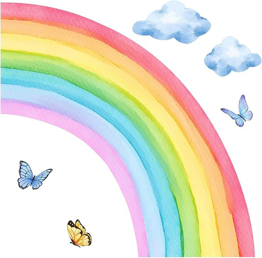 Removable 3D Large Colorful Boho Half Rainbow Wall Sticker Peel and Stick Self-Adhesive Colorful Pastel Rainbow with Cloud and Butterfly Wall Decals Wallpaper for Kids Girls Bedroom Nursery