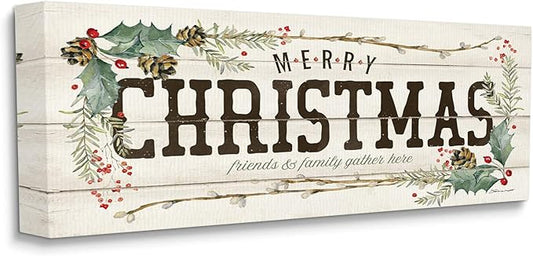 Stupell Industries Rustic Merry Christmas Friends and Family Sign, Designed by Stephanie Workman Marrott Canvas Wall Art, 13x30, Beige