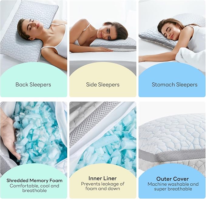 Cooling Pillows for Sleeping Queen Size Set of 2,Shredded Memory Foam Bed Pillow with Pillow Case-Double Sided Material,Adjustable Loft Queen Pillow for Side & Back Sleeper-Medium Firm