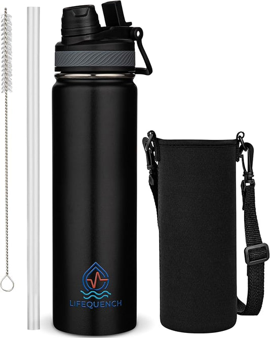 Insulated Water Bottle with Straw and Handle 22 oz-Stainless Steel Water Bottles with Straw, Dual Cap Function & Sleeve, Keeps Drinks Hot Up to 12 Hours & Cold Up to 24 Hours (Black)