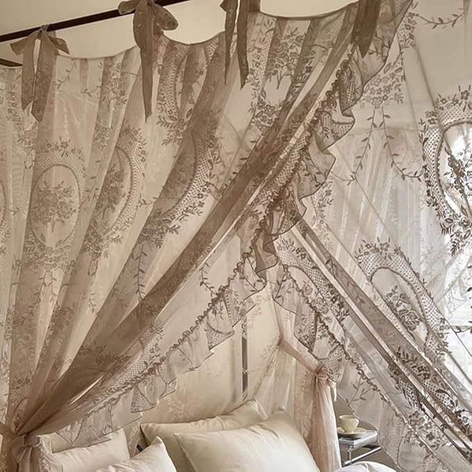 Elegant Lace Princess 4 Corner Post Mosquito Net Romantic for Girls Women Bed Curtain Canopy for Adult Wedding Bedroom Kids Rooms Decoration (Color-C, King)