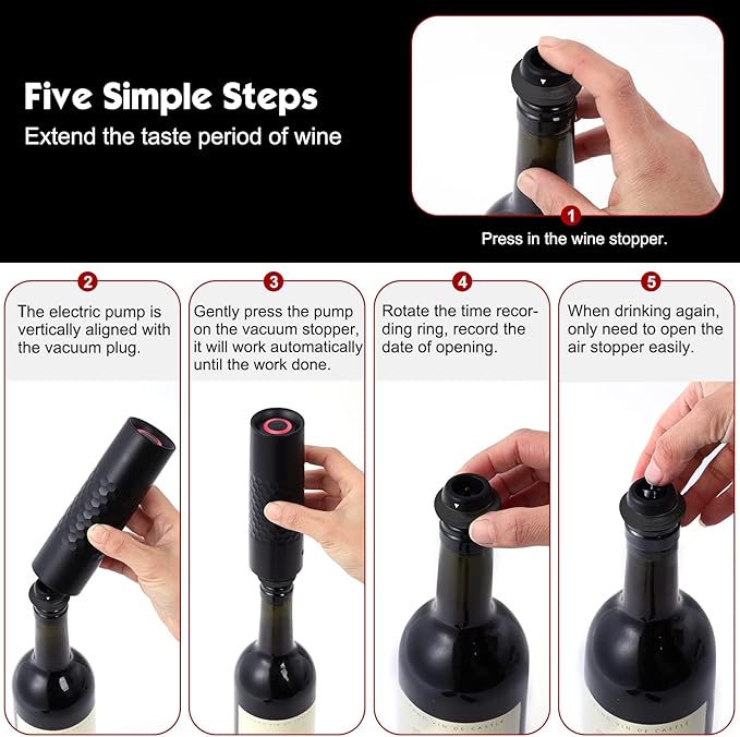 Automatic Wine Saver Pump Set for Red Wine with 4 Reusable Vacuum Bottle Sealer Stoppers USB Type-C Charging - Black