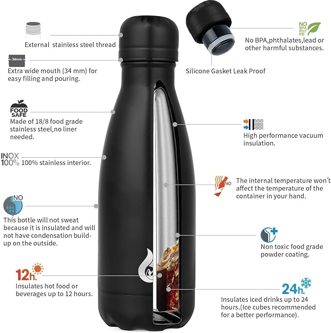 BJPKPK 12oz Insulated Water Bottle Stainless Steel Water Bottles Keep Cold And Hot,Black