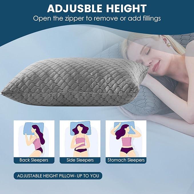 Memory Foam Pillows Queen Size set of 2,Adjustable Cooling Pillow for Side Back Stomach Sleepers with Washable Removable Cover