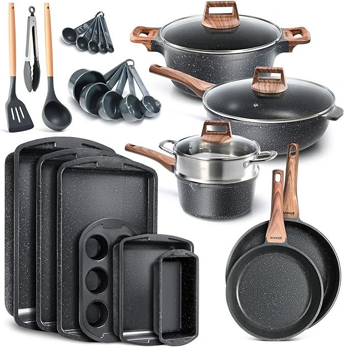 Bakken-Swiss 20-Piece Kitchen Cookware Set – Granite Non-Stick – Eco-Friendly – for All Stoves & Oven-Safe - Marble coating