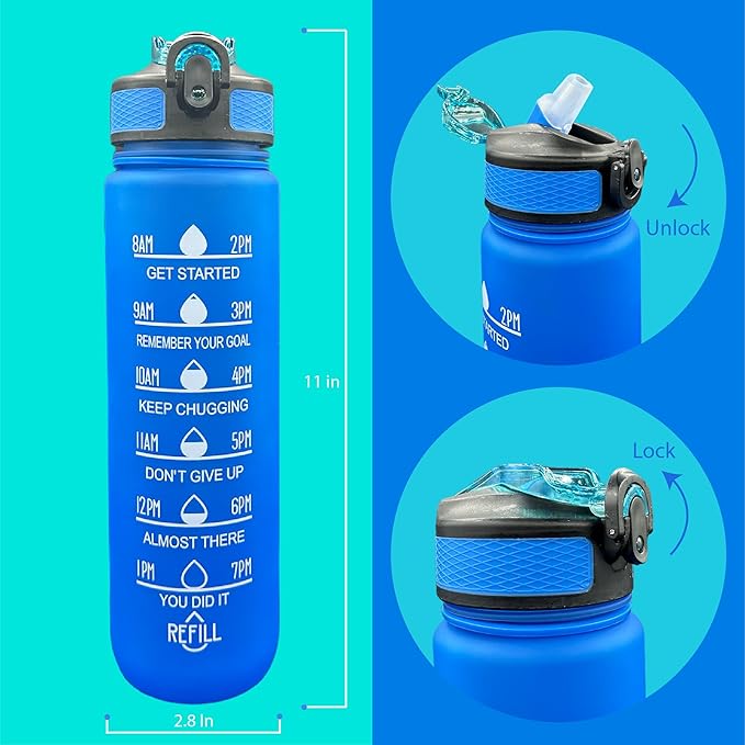 Yaa Fresh Water Bottles, 32oz Motivational Sports Water Bottle with Time Marker-Times to Drink-Tritan, BPA Free, Leakproof water bottle (1 Pack) (Blue), 1101-1