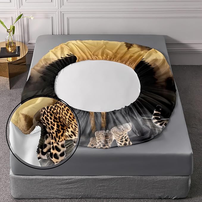 AILONEN Leopard Fitted Sheet Set Twin Size, 3D Cheetah Printed Bed Sheet Set,Wildlife Bedding Leopard Sheet Set,Wild Animal Leopard Bed Sheet Set Boys Fitted Sheet with 2 Pillowcases,3 Pieces