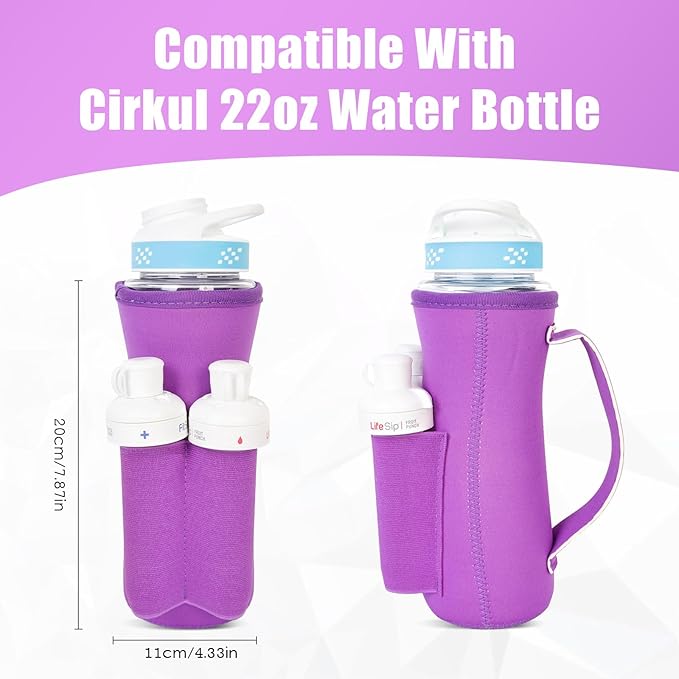 Sleeve for Cirkul Water Bottle with Cartridges Holder and Handle 22oz Water Bottle Holder for Cirkul Plastic and Stainless Steel Bottle Neoprene Sleeve for Cirkul Bottle (2 Pcs Purple)
