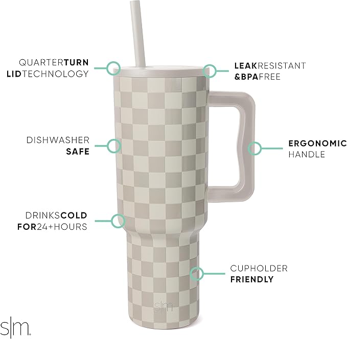 Simple Modern 40 oz Tumbler with Handle and Straw Lid | Insulated Cup Reusable Stainless Steel Water Bottle Travel Mug Cupholder Friendly | Gifts for Women Him Her | Trek Collection | Checkmate