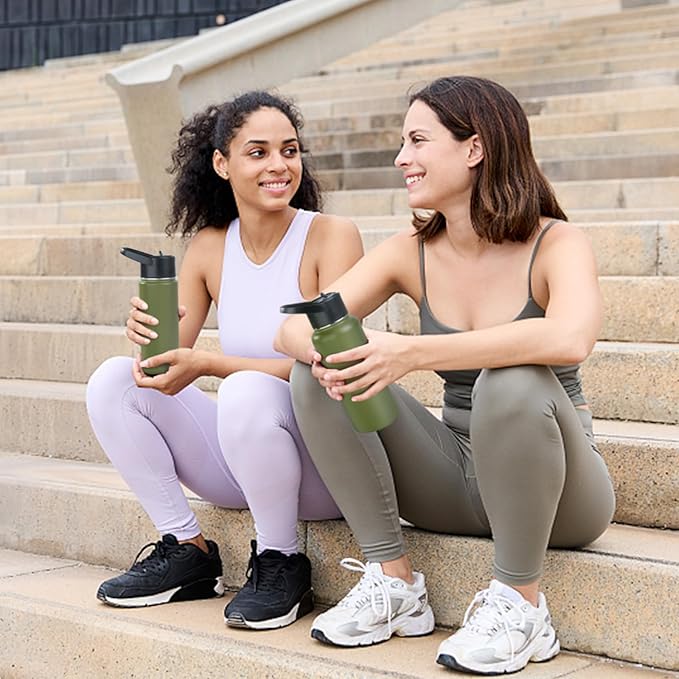 Stainless Steel Water bottle with Straw & Wide Mouth Lid, Wide Rotating Handle, 18oz Double Wall Vacuum Insulated Water Bottle Leak Proof, BPA Free, Keep Cold and Hot, 18oz, Army Green