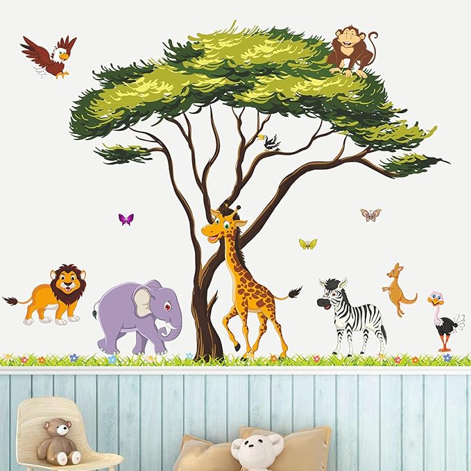 Jungle Animals Tree Wall Decals Woodland Animals Large Tree Wall Stickers Lion Elephant Zebra Safari Wall Sticker Removable DIY Peel and Stick for Kids Baby Bedroom Living Room Mural Decor