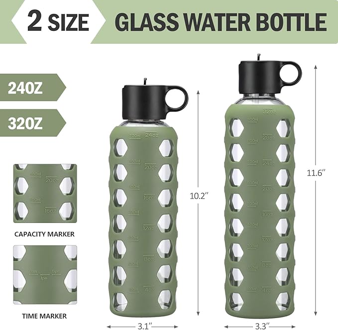 MUKOKO Glass Water Bottles, 32oz Glass Tumbler, Drinking Bottles with 2 Lids-Handle Flip Straw Lid&Bamboo Lid, Motivational Water Bottle with Time Marker and Silicone Sleeve, Leakproof-1 Pack-Olive