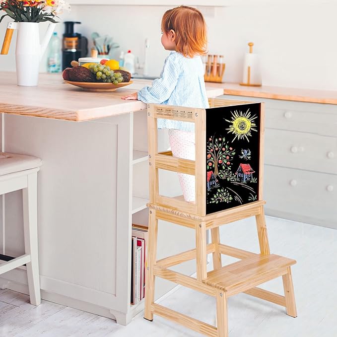 Kids Kitchen Step Stool with Chalkboard & Safety Rail for Toddlers 18 Months and Older, Safety Anti-Slip Protection, Removable Step Stool for Adult Use, Natural