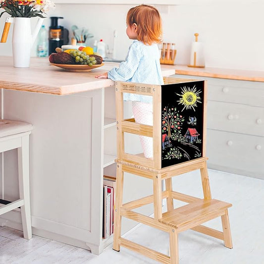 Kids Kitchen Step Stool with Chalkboard & Safety Rail for Toddlers 18 Months and Older, Safety Anti-Slip Protection, Removable Step Stool for Adult Use, Natural