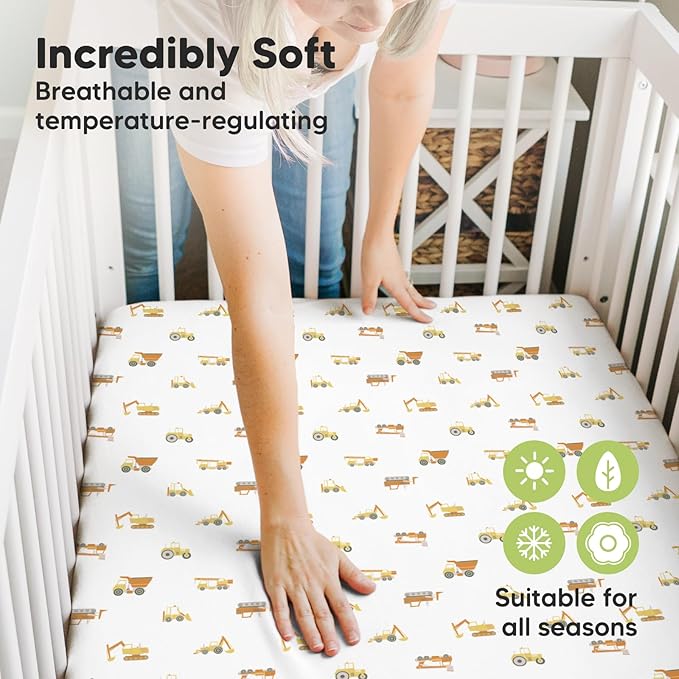 Pack and Play Sheets Fitted, 2-Pack Mini Crib Sheets - Pack N Play Sheets, Organic Fitted Crib Sheet for Pack and Play Mattress, Playard Baby Crib Sheets, Crib Sheets Neutral for Boys (Construction)