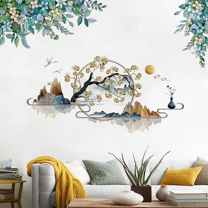 Flowers Wall Decals Vinyl Ancient Style Flowers Wall Stickers Ginkgo Landscape Painting Stickers Spring Flower Tree Branch Window Clings for Kids Room Nursery Living Room Kitchen Decor Gifts (#2)