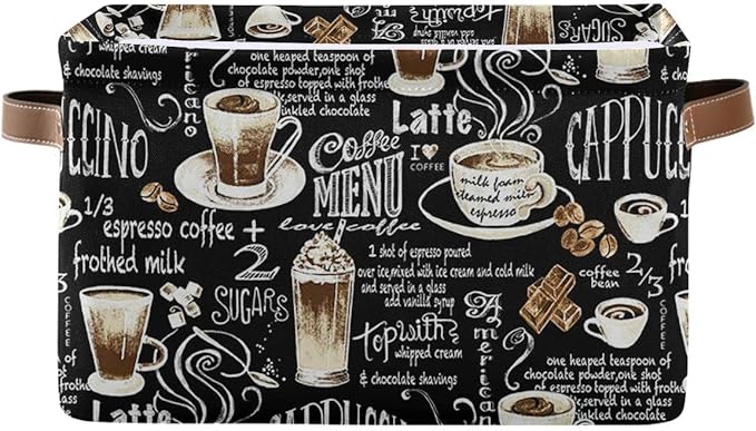 Wamika Black Coffee Beans Storage Basket Fabric Laundry Baskets Cappuccino Latte Chocolate Cocoa Storage Boxes Organizer Bag for Baby Cloth Dog Toy Book Storage Cubes Shelf Closet Bins 16x12x8 Inches