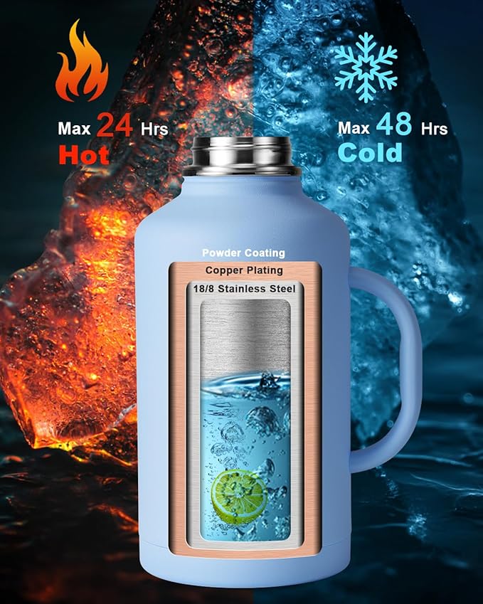 64 oz Insulated Water Bottle with Straw and Lid, Half Gallon Stainless Steel Cup with Handle,Leakproof Metal Travel Jug Flask Mug Tumbler Cup With Carry Pouch and Brush,Keep Cold & Hot,Blue