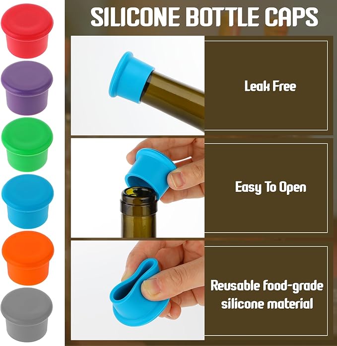 6 Pcs Wine Stoppers Reusable Silicone Glass Bottle Covers Champagne Saver Corks Leak Proof Sealing Bear Lids Tight Seal Unbreakable Wine Cap for Keep Beverage Fresh Sealed