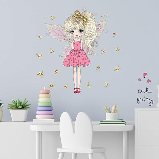 Pink Cute Butterfly Girl Wall decals for Girls Bedroom Princess Gold Stars Kids Room Decor Removable Fairy Stickers Vinyl Wall Murals Peel and Stick for Playroom Classroom Living Room Nursery