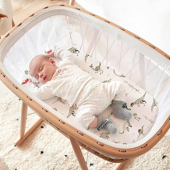 Ultra Soft Stretchy Jersey Knit Fitted Bassinet Sheets 3 Pack, Universal Fitted for Baby Cradle Moses Basket Oval Rectangle Mattress Safe and Snug, Bassinet Fitted Sheets for Boy, Dinosaur Print