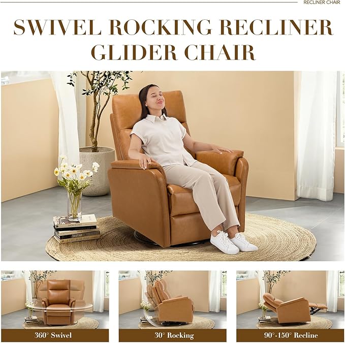Swivel Rocking Recliner Glider Chair, Leather Reclining Rocker Chair with Footrest for Living Room, Nursery, Office, Bedroom, Ergonomic High Backrest, Wide Seat Cushion and Metal Base-Camel