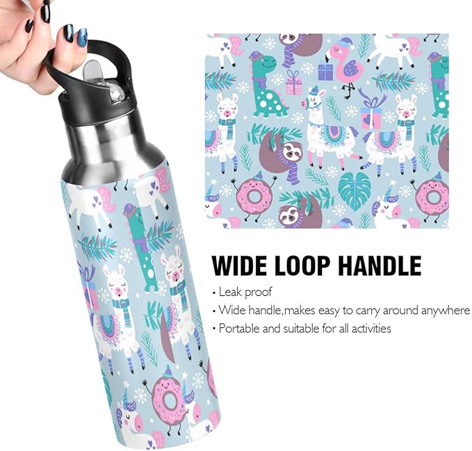 senya 34 Oz Water Bottle with Straw Animals Alpaca Llama Sloth Dinosaur Stainless Steel Water Bottle for Traveling Sports Leakproof Insulated Water Bottle