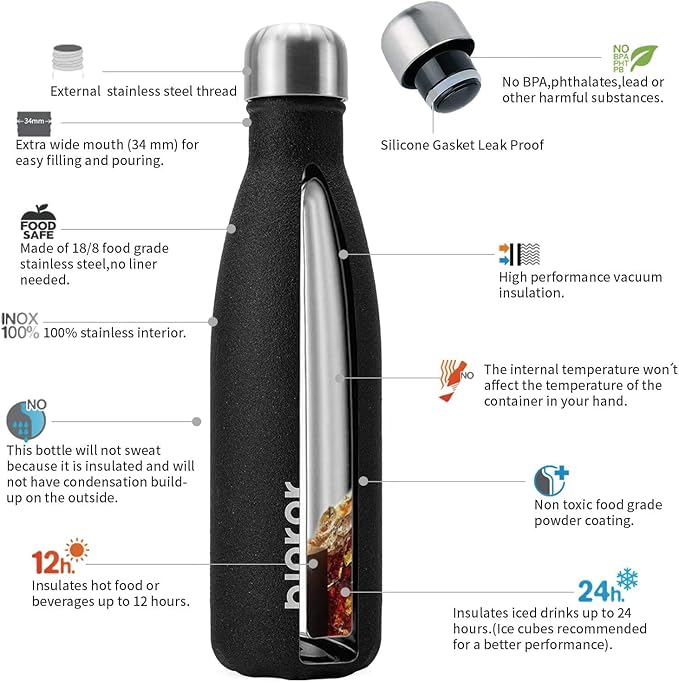 BJPKPK Insulated Water Bottles -17oz/500ml -Stainless Steel Water Bottles,Sports Water Bottles Keep Cold for 24 Hours and Hot for 12 Hours,BPA Free Water Bottle,Glitter Black