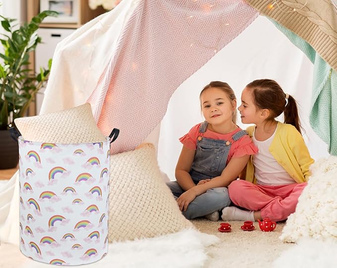 Rainbow Pink Laundry Basket Baby Girls Laundry Hamper Kids Toy Storage Basket Organizer Bins for Girls Room Decor Rainbow Gift Basket Nursery Hamper for Bedroom Bathroom (Rainbow)