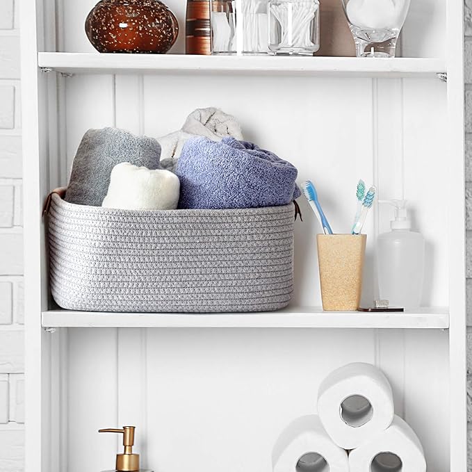 CHICVITA Rectangle Cotton Rope Woven Basket with Handles for Books, Magazines, Toys - Decorative Rectangle Basket for Baby Nursery, Living Room, Bathroom, Grey