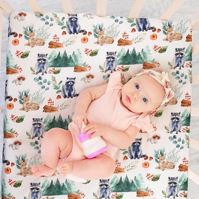 4 Pack Woodland Forest Animals Wood Neutral Unisex Fitted Baby Crib Sheets Set for Baby Boys or Girls (Raccoon, 52 * 28)