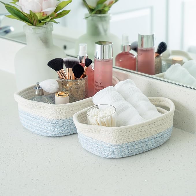 OrganiHaus Set of 5 Rectangle Bathroom Storage Baskets for Organizing, Small Woven Baskets for Storage Basket for Bathroom, Nursery Storage Basket for Baby Nursery Organization, Cute Bins, Blue/White