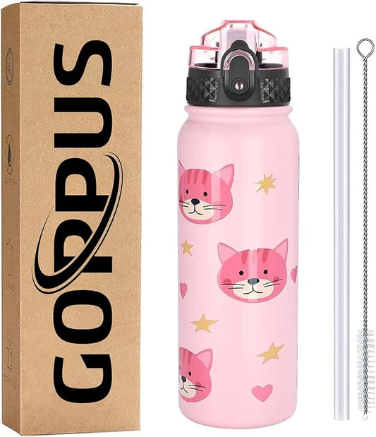GOPPUS Kids Water Bottle with Straw Lid 20 oz Cat printing Double Walled Metal Insulated Stainless Steel Sports Water Bottles Leak Proof with Strap Handle for Boys Girls School(ink Cat 1 Lid)