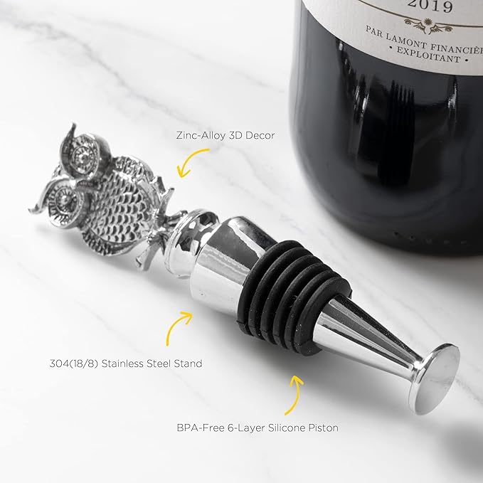 Homestia Wine Bottle Stoppers for Glass Bottles, Owl Bottle Stopper Reusable Wine Corks Wine Tool, Zinc-Alloy Silicone Wine Stoppers, Wine Toppers with Decors