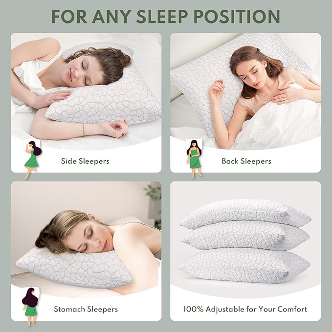 Cooling Shredded Memory Foam Pillow for Sleeping - Standard Size 2 Pack, Adjustable Bed Pillows Set of 2 for Side, Back, and Stomach Sleepers, Washable Breathable Cold Cover - CertiPUR-US