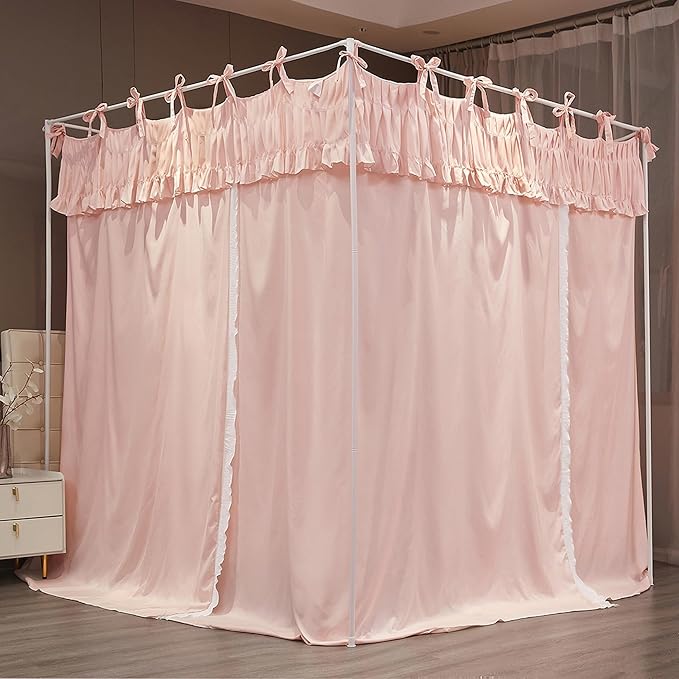 Ruffle Lace up 4 Corners Post Princess Curtain Bed Canopy Cozy Breathable Mosquito Net Cloth for Girls Adults Bedroom Decoration (Pink, 59" W*82" L*82" H/Queen)