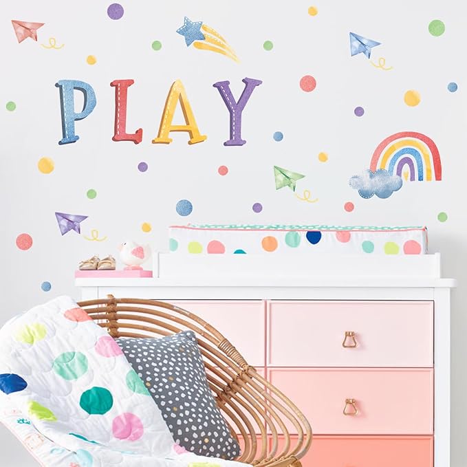 LHIUEM Polka Dot Wall Decals Rainbow Wall Sticker 82 PCS Cute Toddler Girl Decoration Cloud Star Watercolor Wallpaper Boho Kids Wall Posters Play Quotes Decal for Kids Boys Gifts in Nursery Playroom