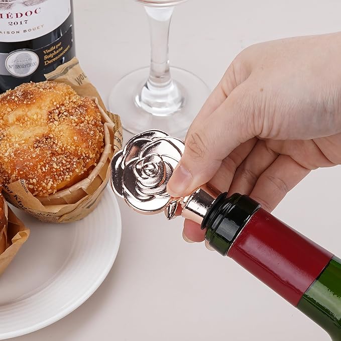 SHIDOW Rose Wine Bottle Stopper, Wine Bottle Stopper Rose Gold, Holiday Party, Wedding Birthday Party Decor Wine Stoppers Wine Lovers Funny Gifts, Wedding Bridal Shower Supplies (2 Pcs, Rose Gold)