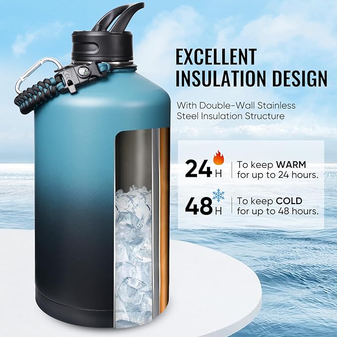 Gallon Water Bottle with Straw&Spout Lid, 128oz Stainless Steel Water Jug with Handle and Wide Mouth, One Gallon Vacuum Double Walled Jug for Sports, Outdoors, Leak-Proof. Blue&Black 128oz