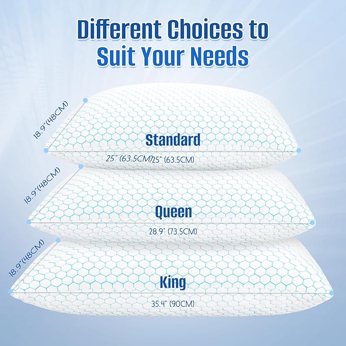 Shredded Memory Foam Pillow for Sleeping, Cooling Bed Pillows Set of 2, Adjustable Pillows for Side, Back, Stomach Sleepers with Washable Pillowcase (Queen Size, Blue)