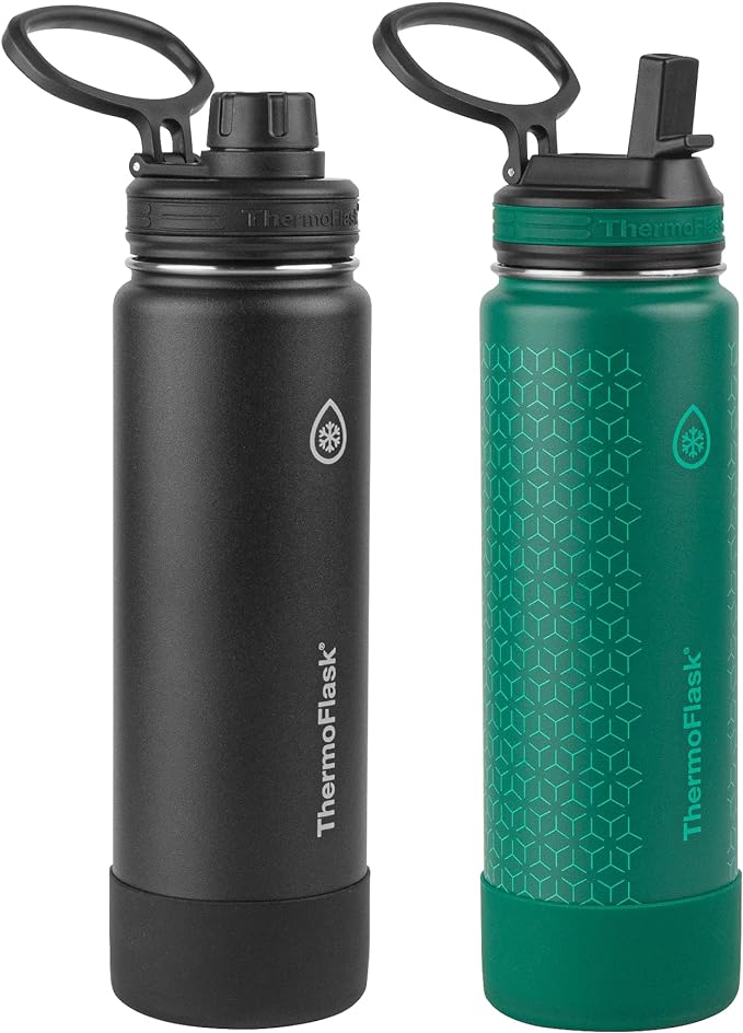 ThermoFlask 24 oz Double Wall Vacuum Insulated Stainless Steel 2-Pack of Water Bottles, Black/Malachite