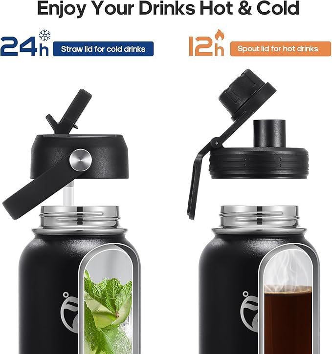 Insulated Water Bottles 40 oz with 2 Leak Proof Lids & Water Bottle Holder, Wide Mouth Sport Water Bottle with Straw, Reusable Stainless Steel Water Flask, Double Walled Vacuum Thermos