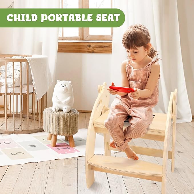 Foldable Step Stool for Toddlers, Kids Stool with 14.9-Inch Wide Step, Safety Handles, Anti-Slip Strips, Toddler Step Stool for Bathroom Sink, Toilet, Kitchen Wooden 2 Step Stool