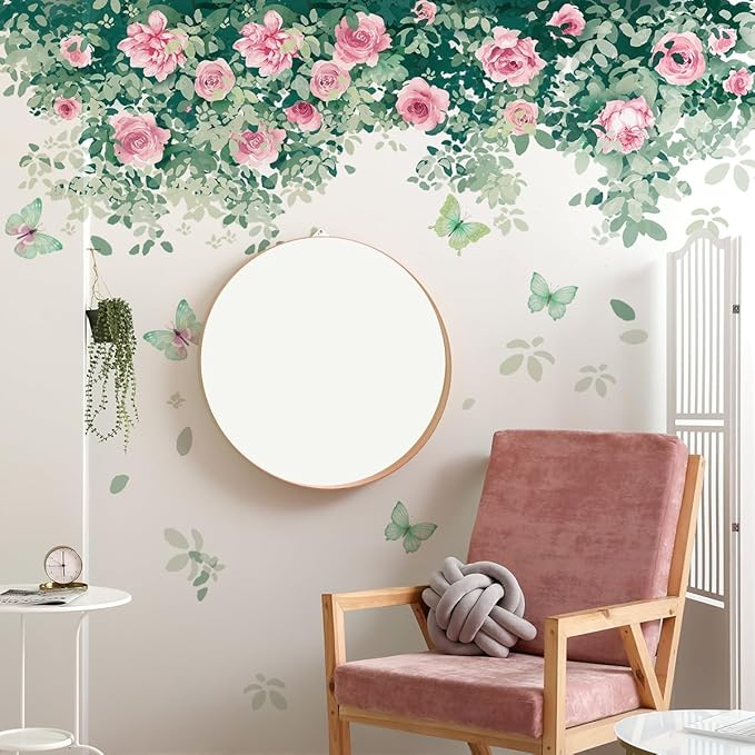 Pink Rose Wall Stickers - Stylish Home Decor with Green Leaves, 30x90cm