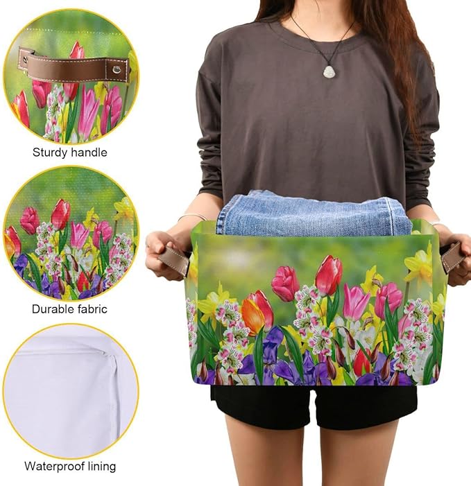 Wamika Spring Tulip Lavender Flowers Storage Basket Fabric Laundry Baskets Green Leaves Herbs Storage Boxes Organizer Bag for Baby Cloth Dog Toy Book Storage Cubes Shelf Closet Bins 16x12x8 Inches