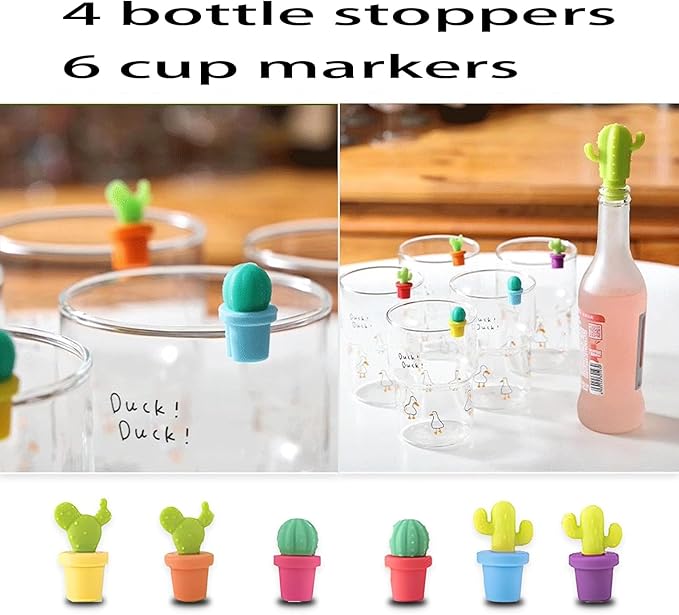 Cactus Silicone Wine Bottle Stoppers,Cute Wine Accessories, Reusable Wine Beverage Corks, for Gifts, Bar, Holiday Party, Wedding (10, M)